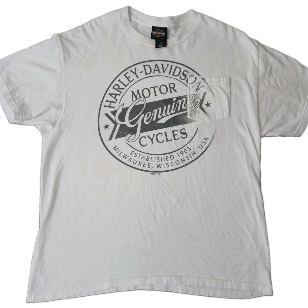 Harley Davidson T Shirt Large White Motor Double-Sided Pocket Columbus IN